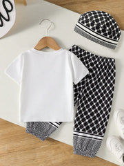 3pcs Boys Anime Prayer Print Tee, Keffiyeh Joggers & Cap Set - Ivor...