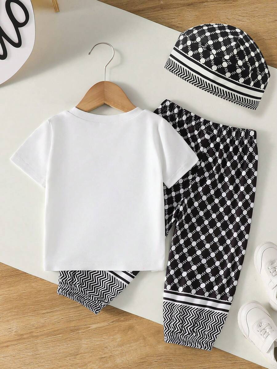 3pcs Boys Anime Prayer Print Tee, Keffiyeh Joggers & Cap Set - Ivor...