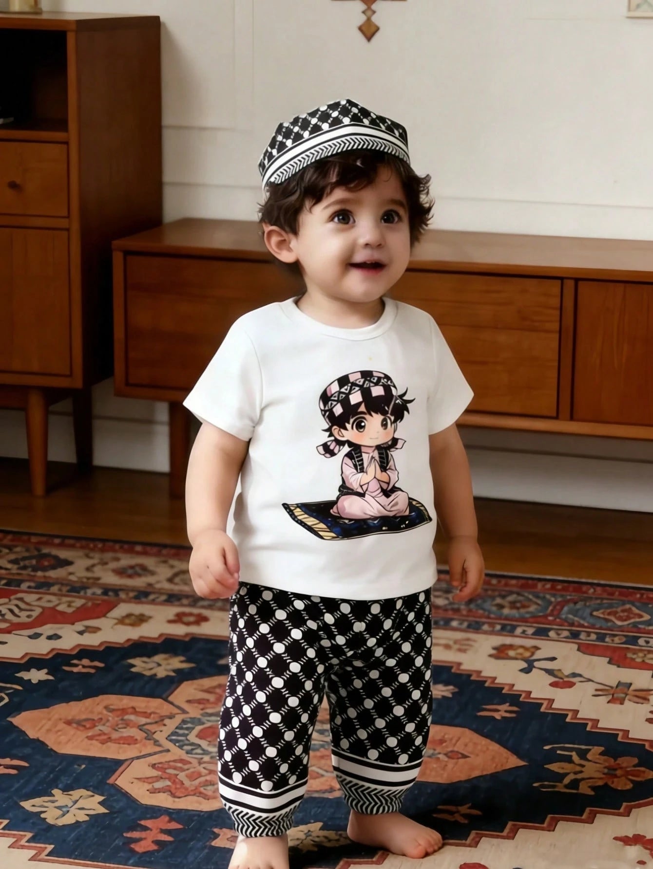 3pcs Boys Anime Prayer Print Tee, Keffiyeh Joggers & Cap Set - Ivor...