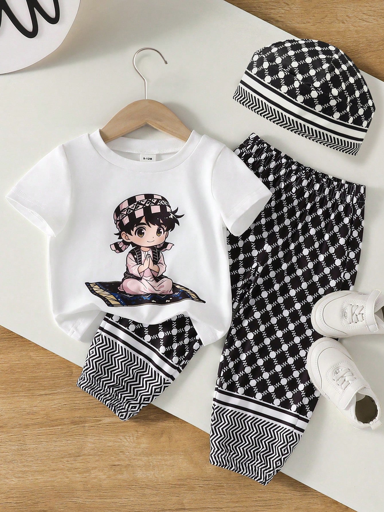 3pcs Boys Anime Prayer Print Tee, Keffiyeh Joggers & Cap Set - Ivor...