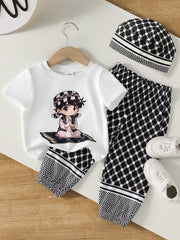 3pcs Boys Anime Prayer Print Tee, Keffiyeh Joggers & Cap Set - Ivor...