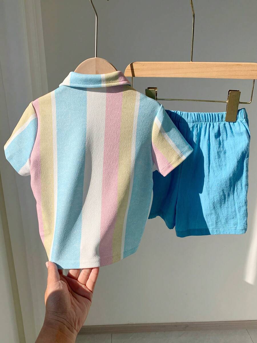 2pcs Unisex Rainbow Stripe Shirt & Shorts Set - Cerulean | 21 Centu...