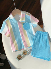2pcs Unisex Rainbow Stripe Shirt & Shorts Set - Cerulean | 21 Centu...