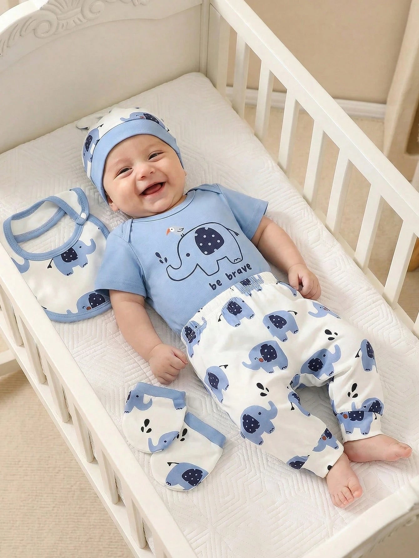 5pcs Baby Boys Elephant Print Bodysuit & Pants Set - Cerulean | 21 ...