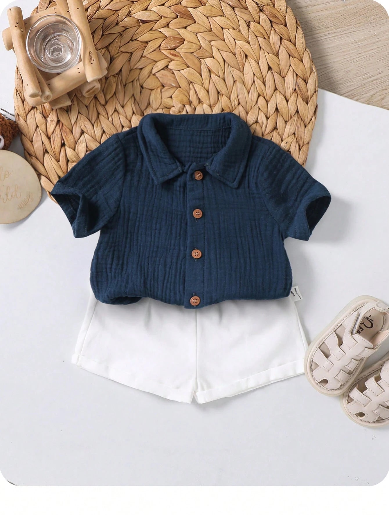 Boys Muslin Button Shirt & Shorts Set - Midnight