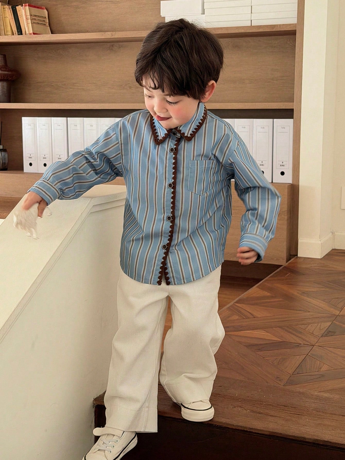 Boys Striped Scallop-Trim Button-Front Shirt - Slate | 21 Century Kids