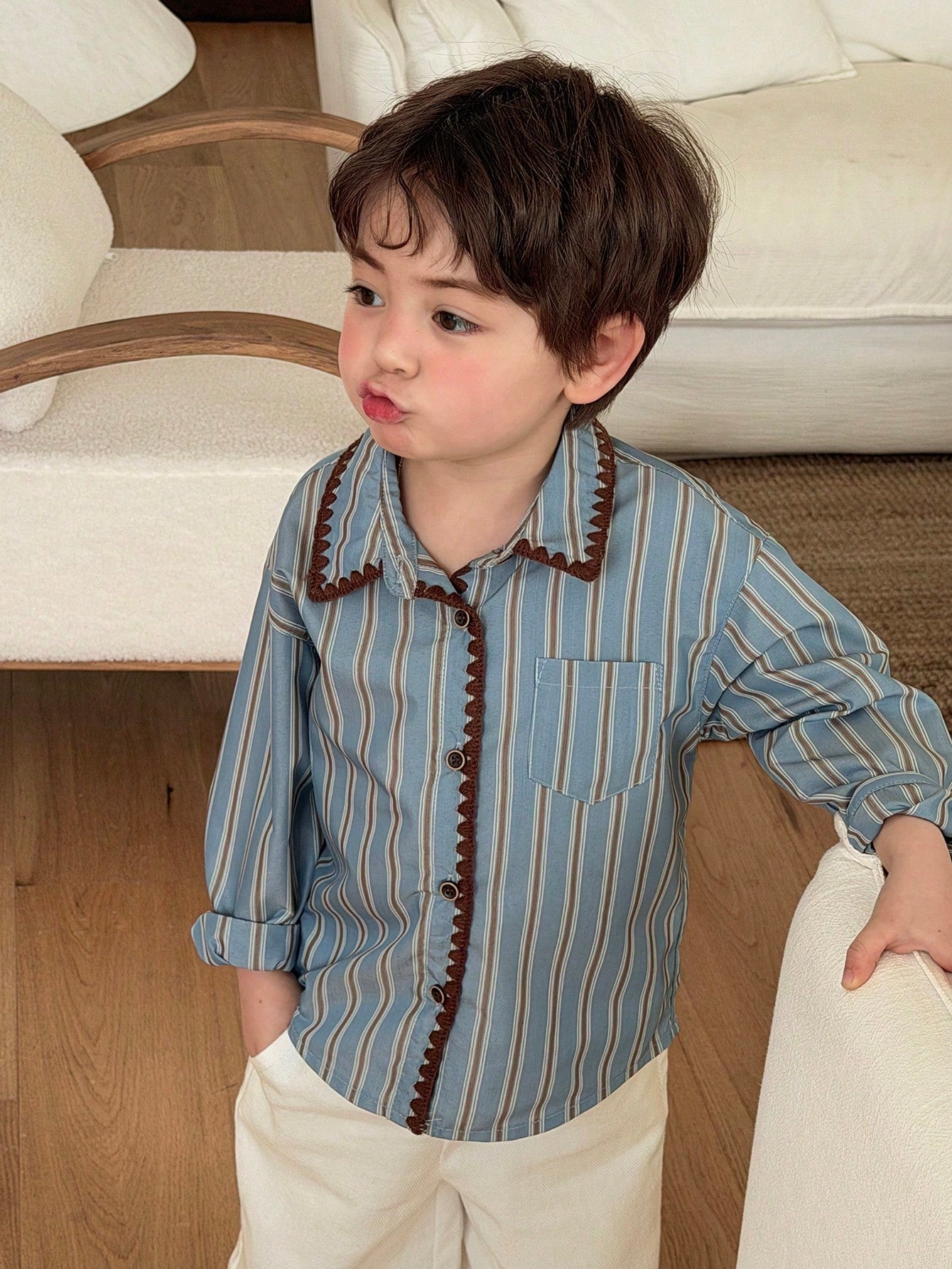 Boys Striped Scallop-Trim Button-Front Shirt - Slate | 21 Century Kids