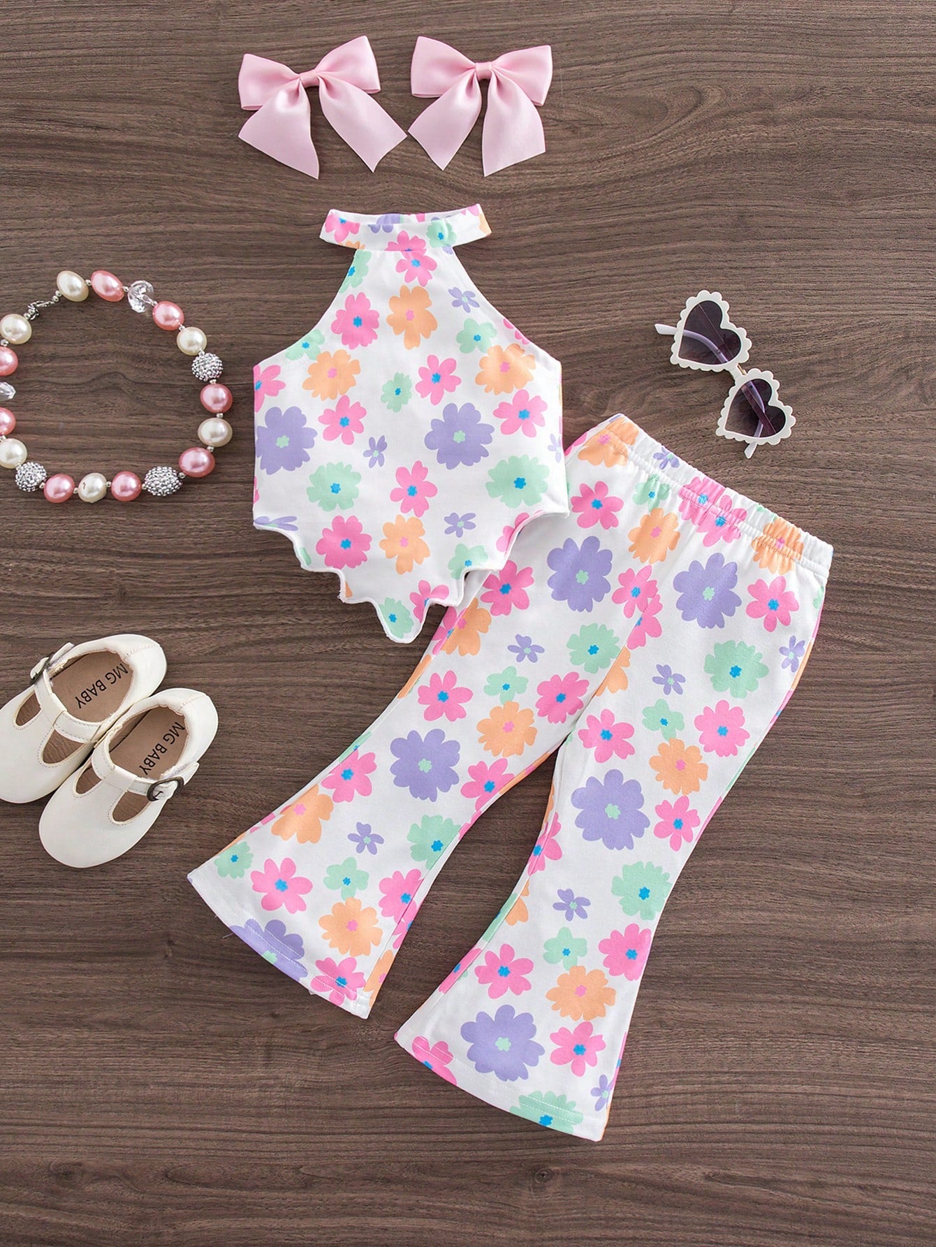 2pcs Girls Floral Halter Top & Flared Pants Set - Ivory | 21 Centur...