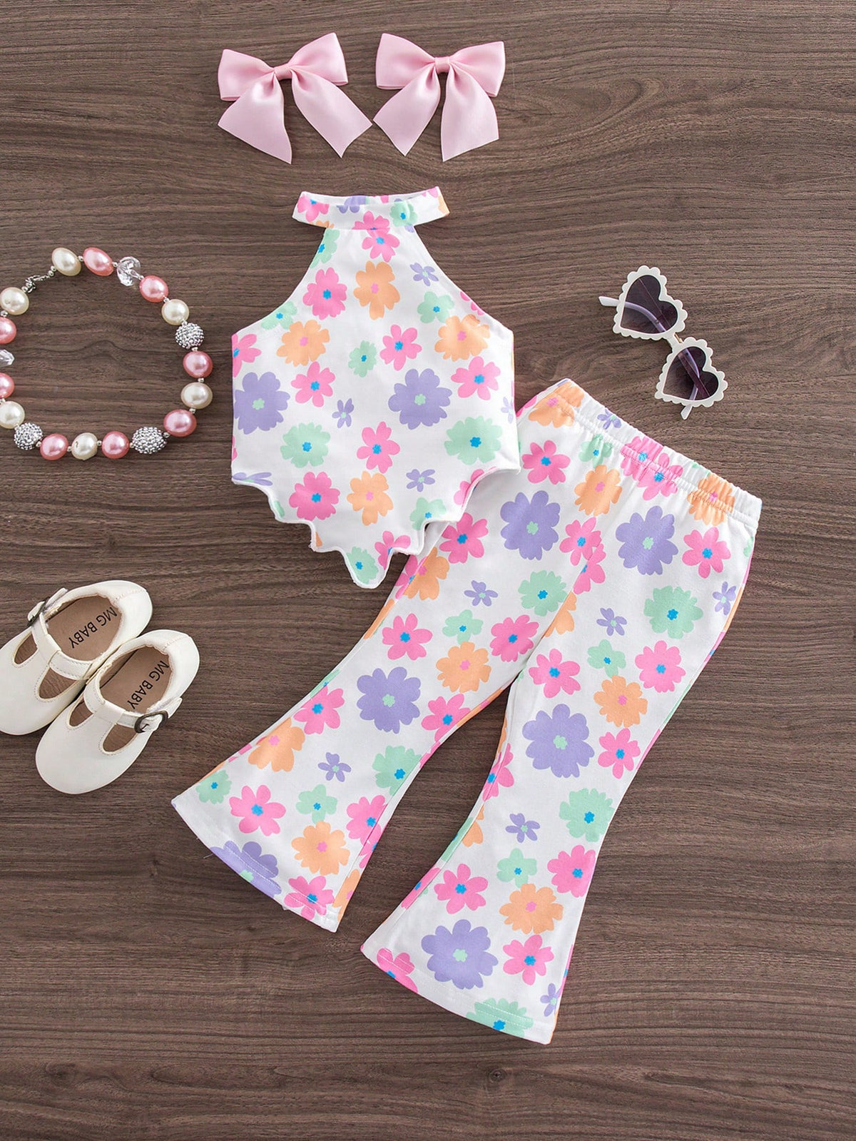 2pcs Girls Floral Halter Top & Flared Pants Set - Ivory | 21 Centur...