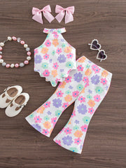 2pcs Girls Floral Halter Top & Flared Pants Set - Ivory | 21 Centur...