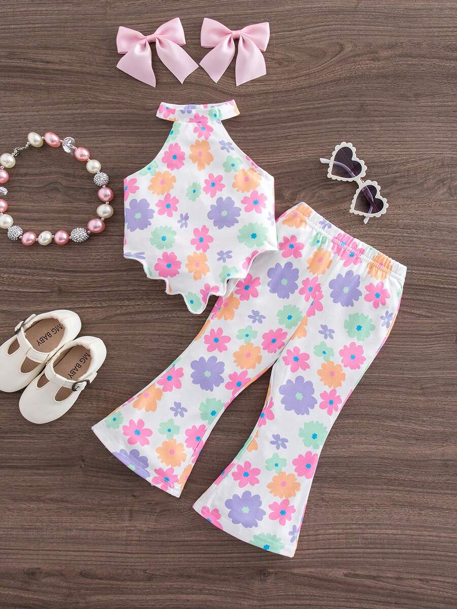 2pcs Girls Floral Halter Top & Flared Pants Set - Ivory | 21 Centur...