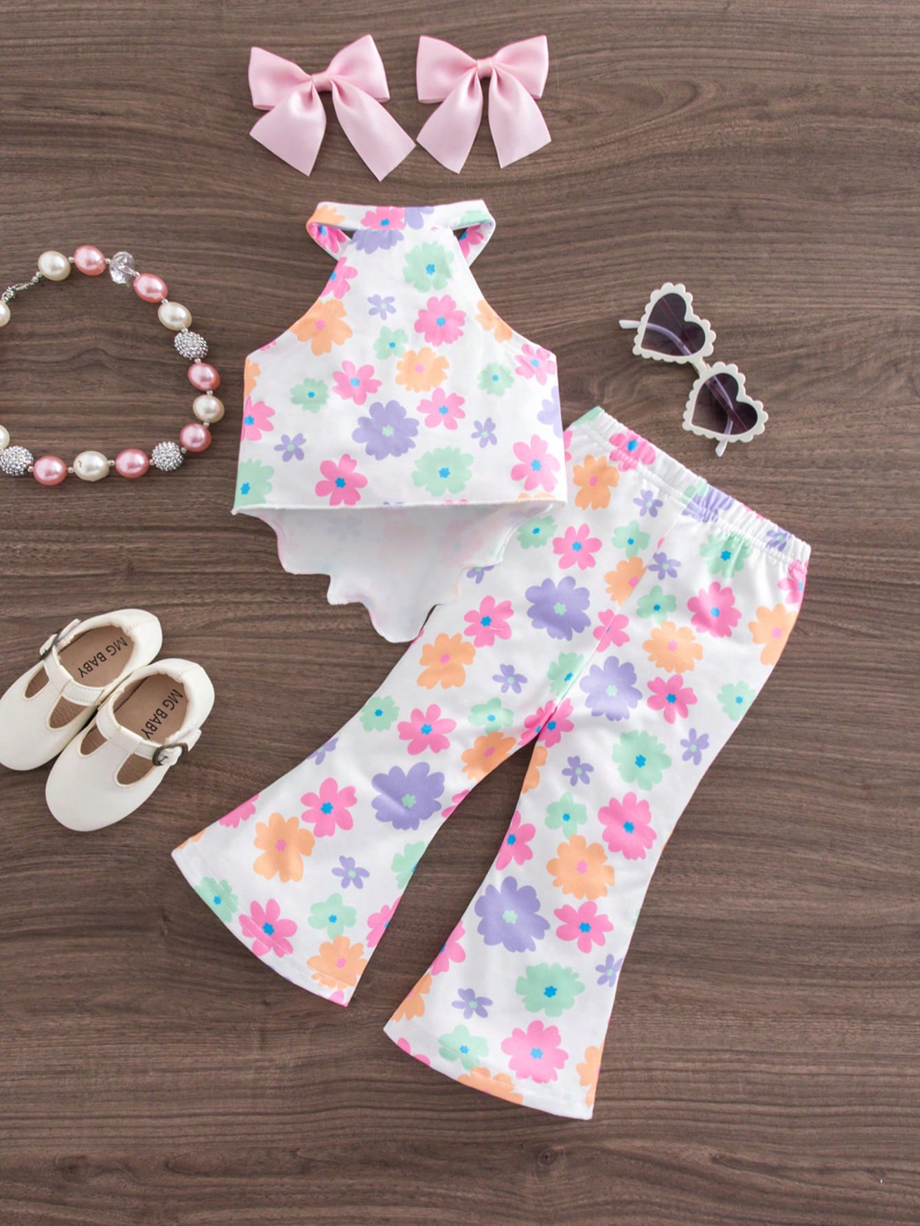 2pcs Girls Floral Halter Top & Flared Pants Set - Ivory | 21 Centur...