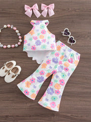 2pcs Girls Floral Halter Top & Flared Pants Set - Ivory | 21 Centur...