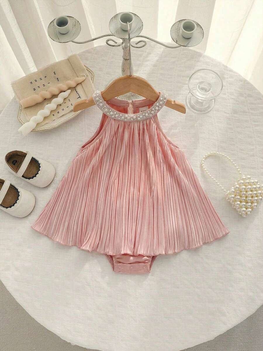 Baby Girls Pearl Collar Pleated Romper Dress - Blush