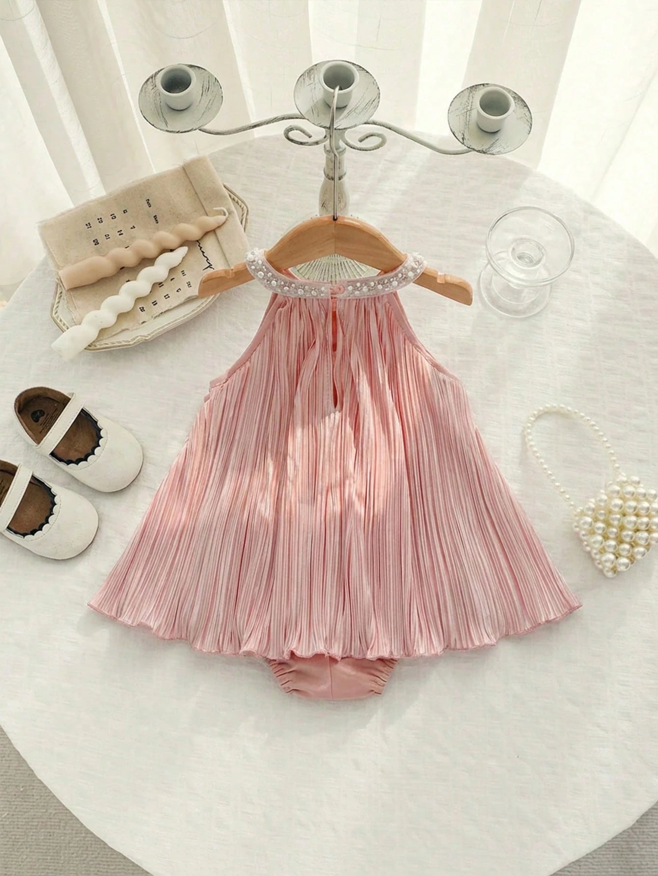Baby Girls Pearl Collar Pleated Romper Dress - Blush