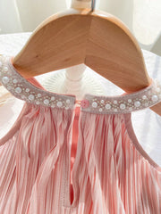 Baby Girls Pearl Collar Pleated Romper Dress - Blush