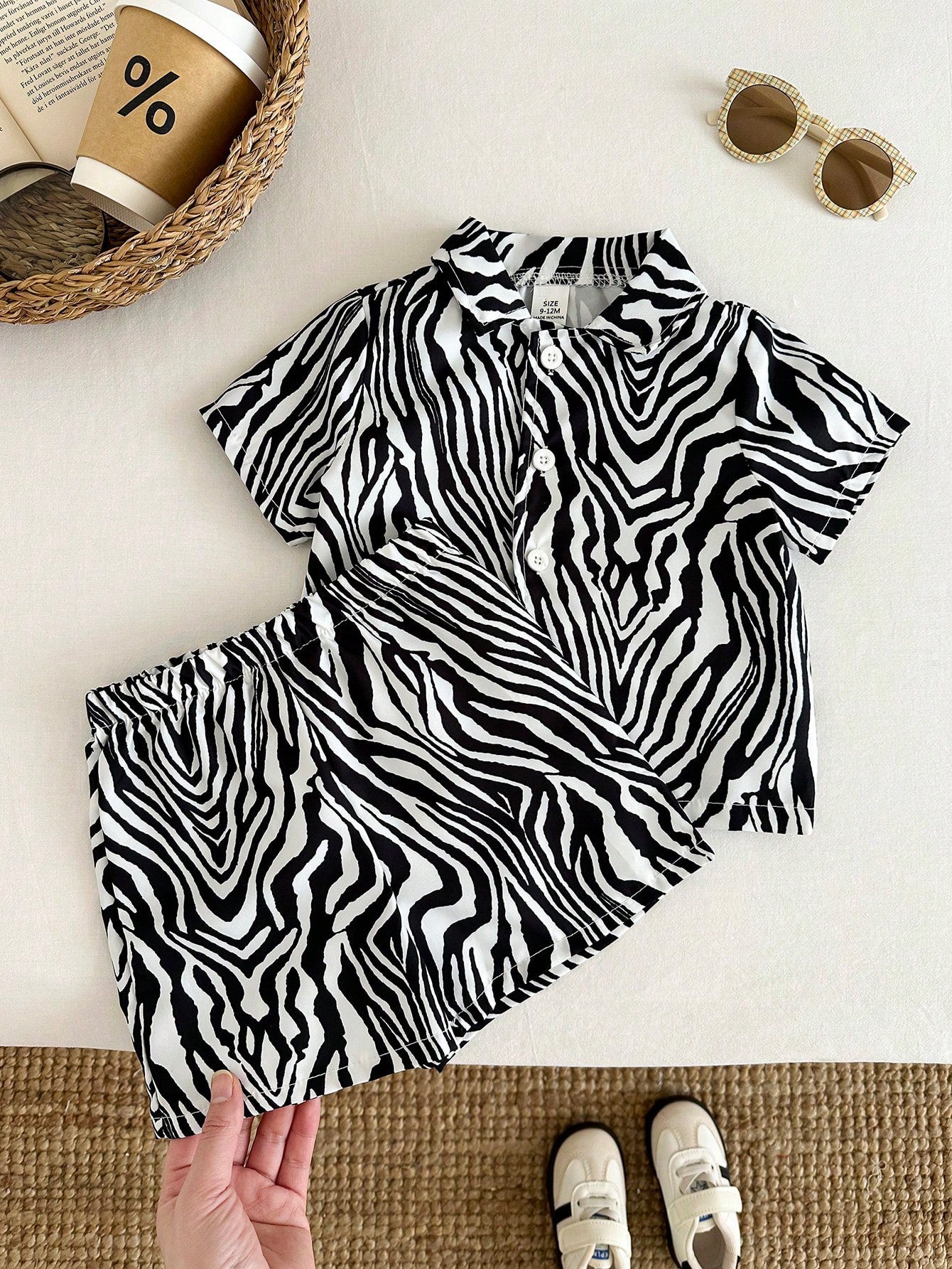 Baby Boys Zebra Print Resort Collar Shirt & Shorts - Ivory