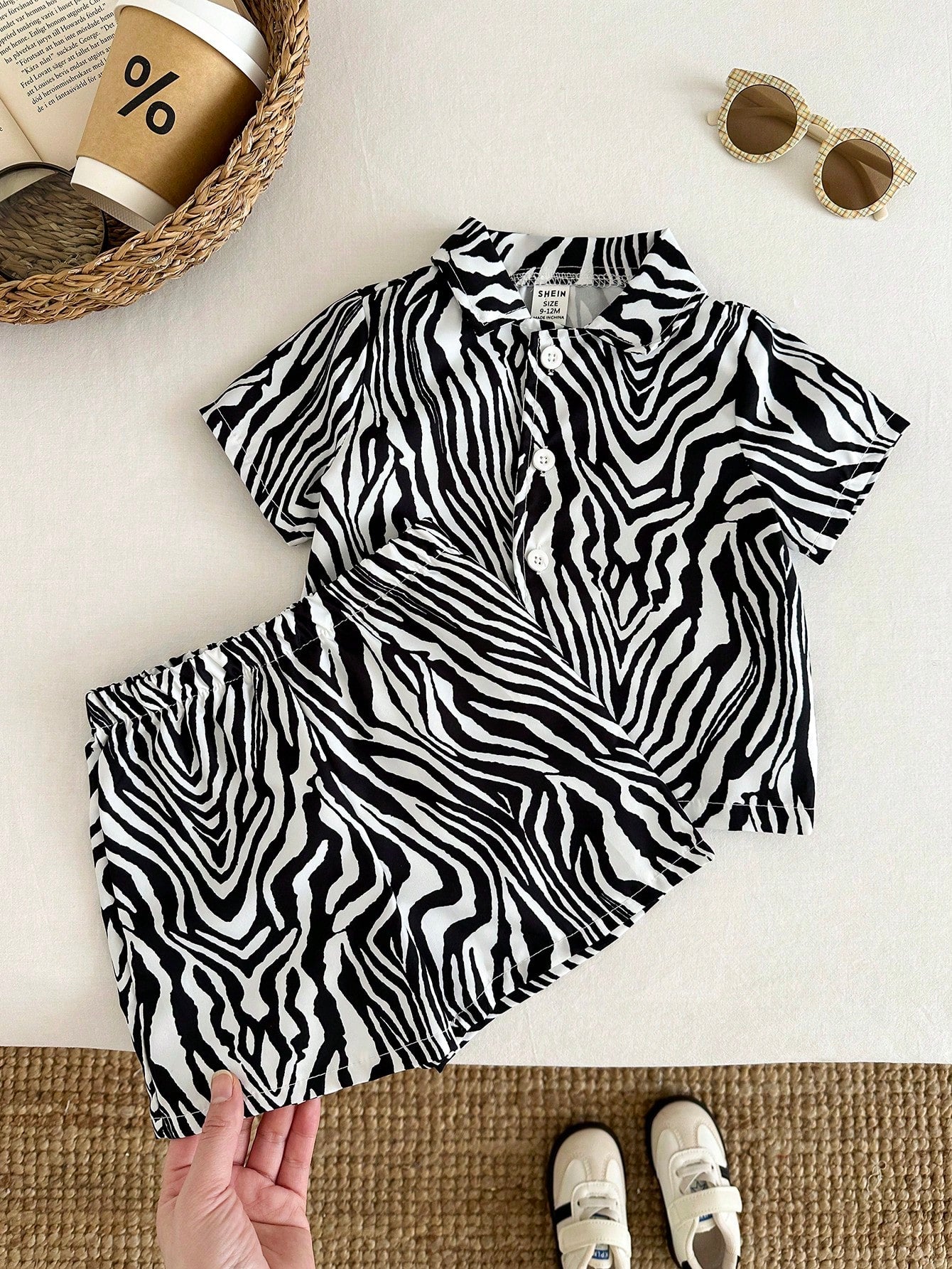Baby Boys Zebra Print Resort Collar Shirt & Shorts - Ivory