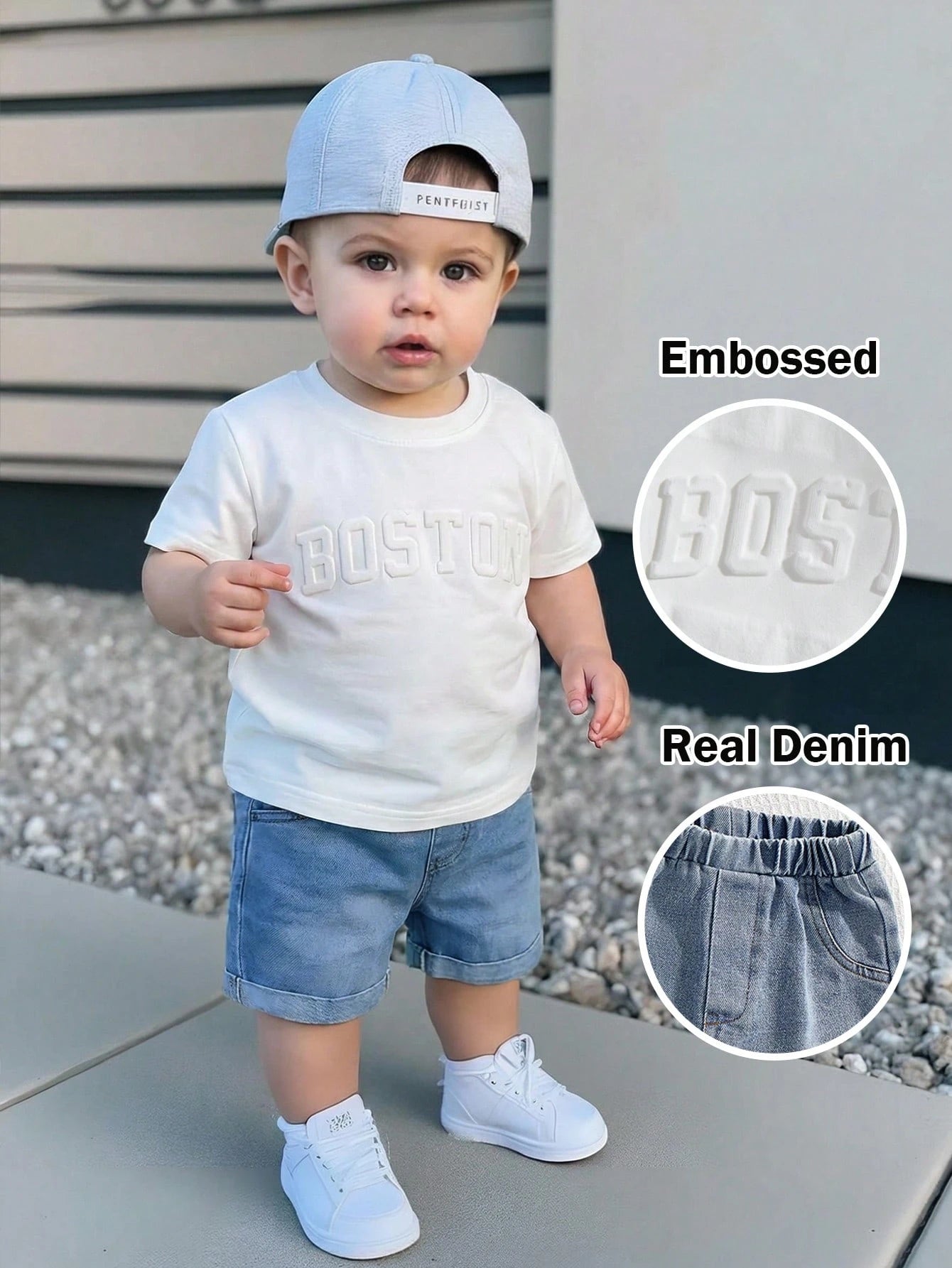 2pcs/Set Cartoon Print Knit Short Sleeve T-Shirt & Elastic Waist Blue Denim Shorts Set