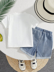 2pcs Toddler Boys Boston Embossed Tee & Denim Shorts Set - Chambray