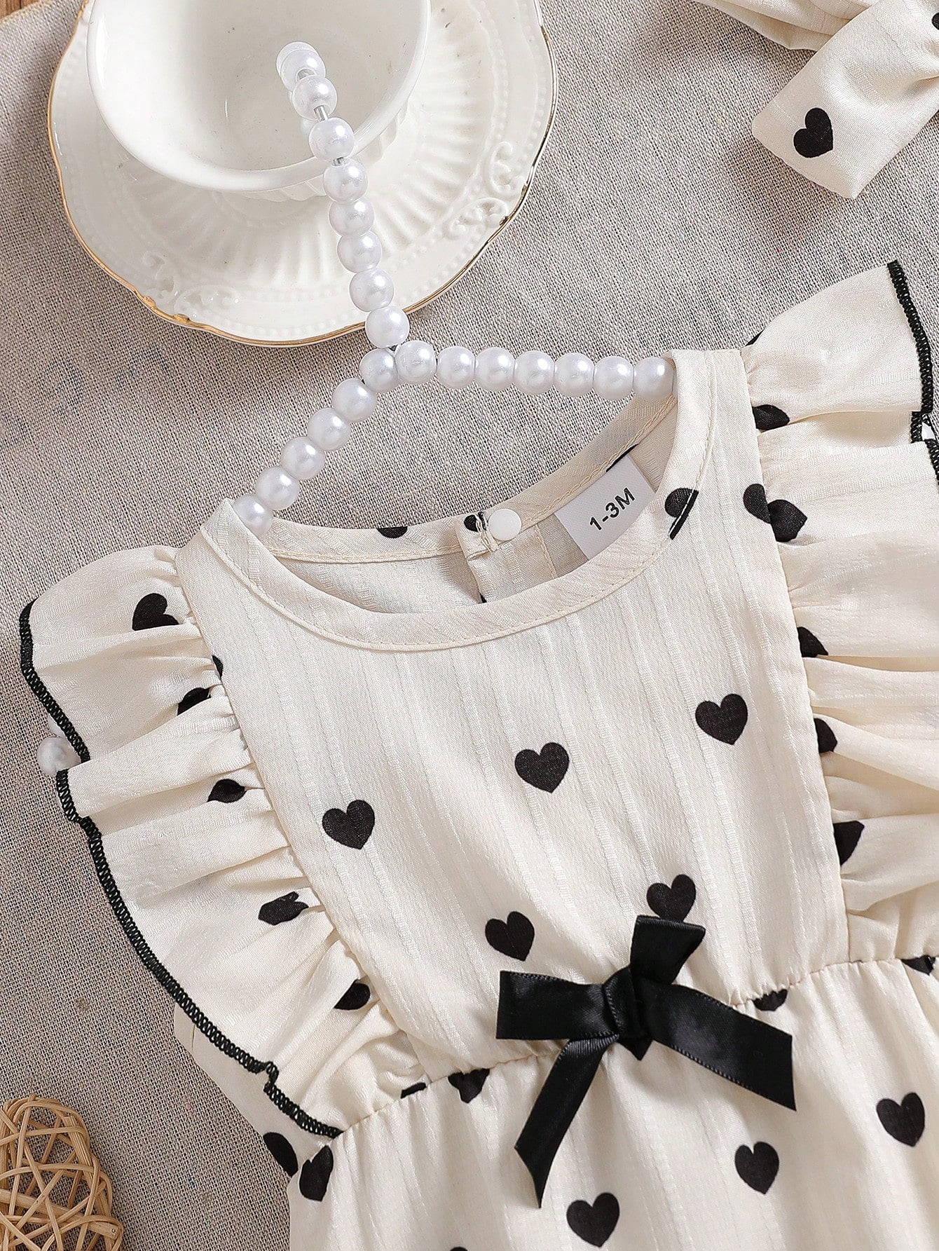 Baby Girls Heart Print Ruffle Romper Set - Ivory