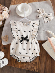 Baby Girls Heart Print Ruffle Romper Set - Ivory