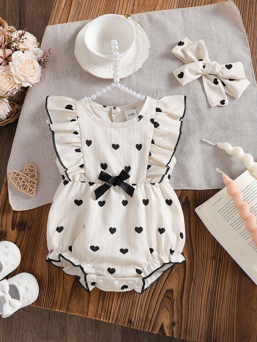 Baby Girls Heart Print Ruffle Romper Set - Ivory