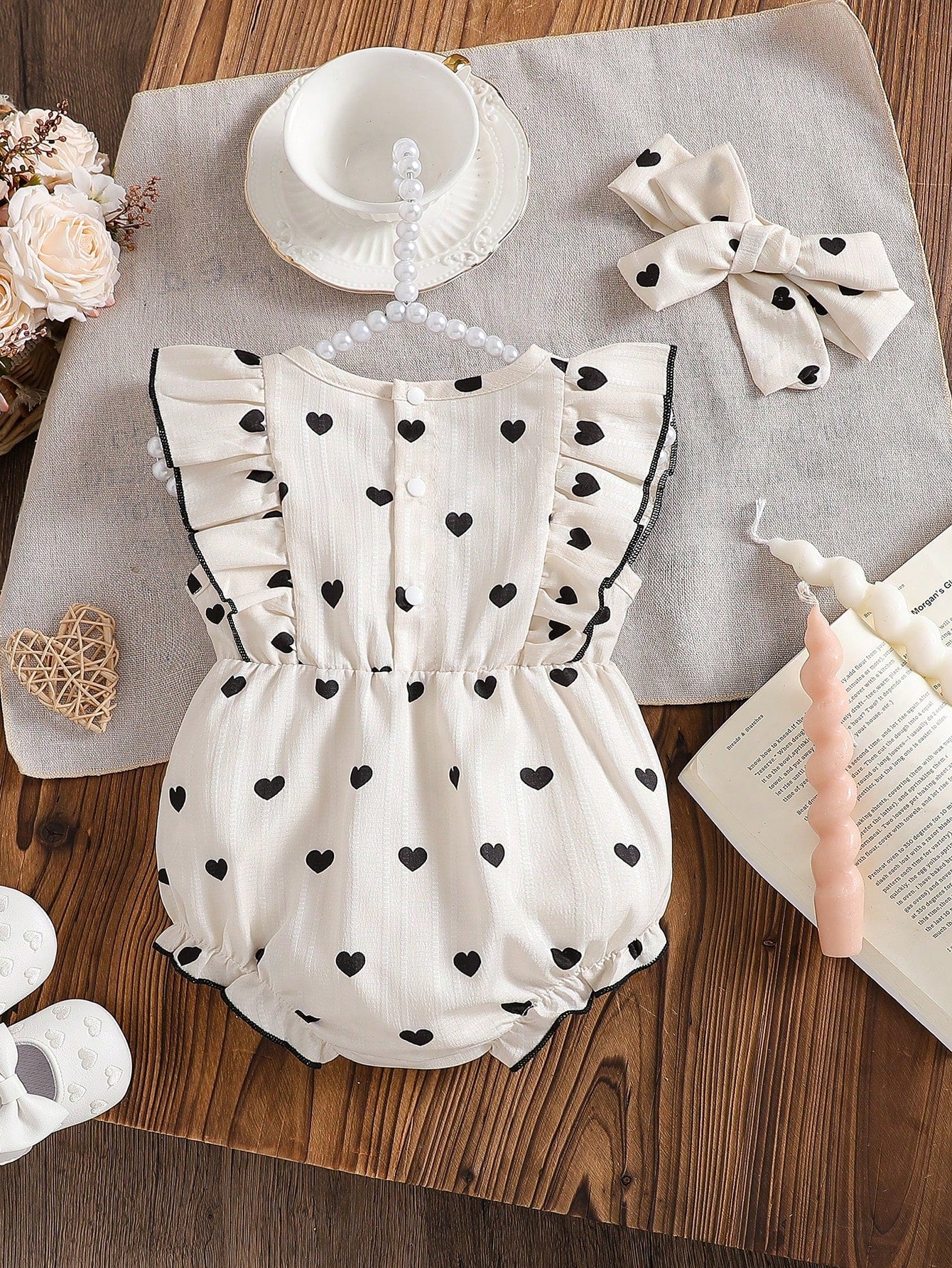 Baby Girls Heart Print Ruffle Romper Set - Ivory