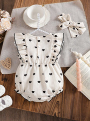Baby Girls Heart Print Ruffle Romper Set - Ivory