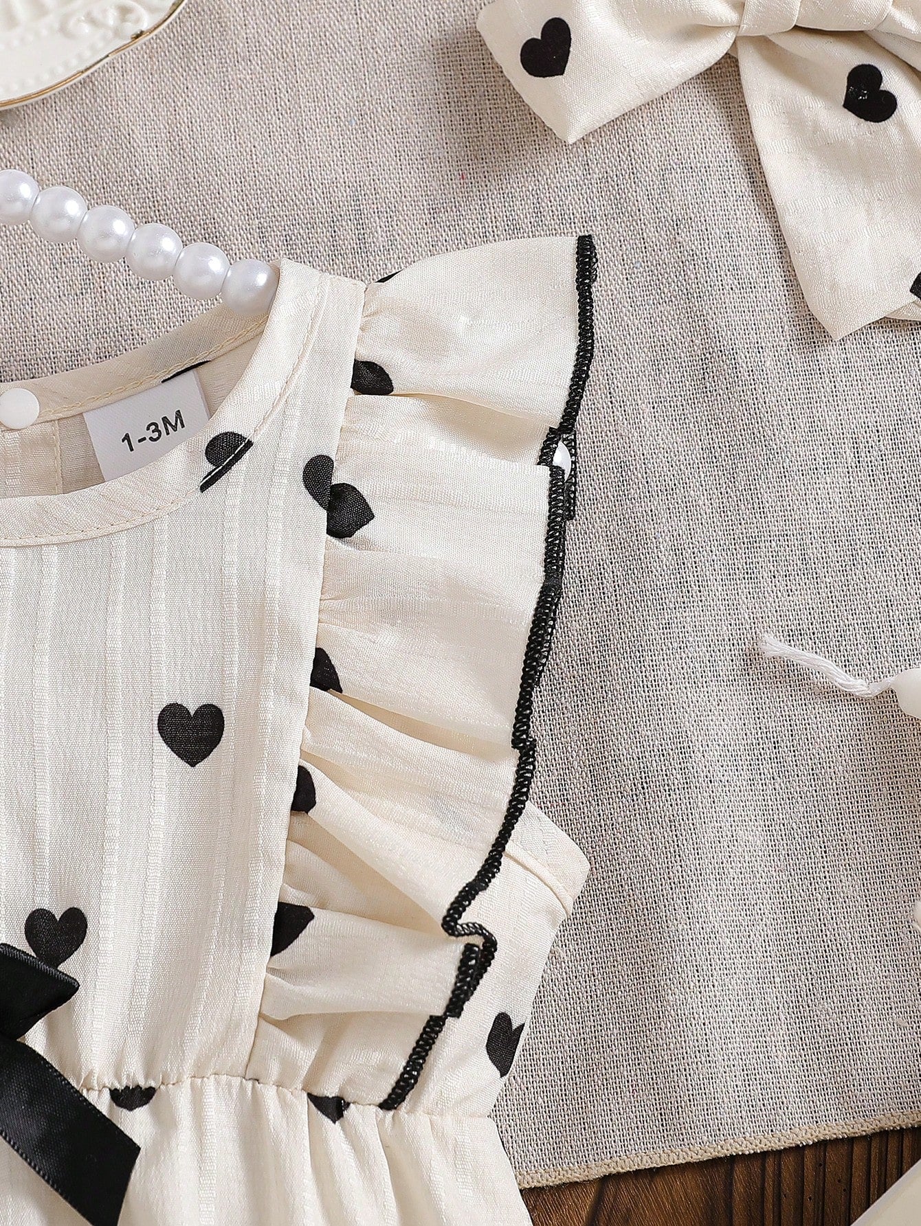 Baby Girls Heart Print Ruffle Romper Set - Ivory