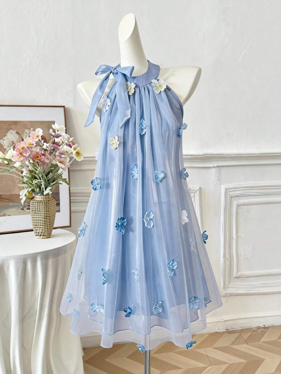 Big Girls 3D Floral Appliqué Halter Neck Tulle Dress - Periwinkle |...