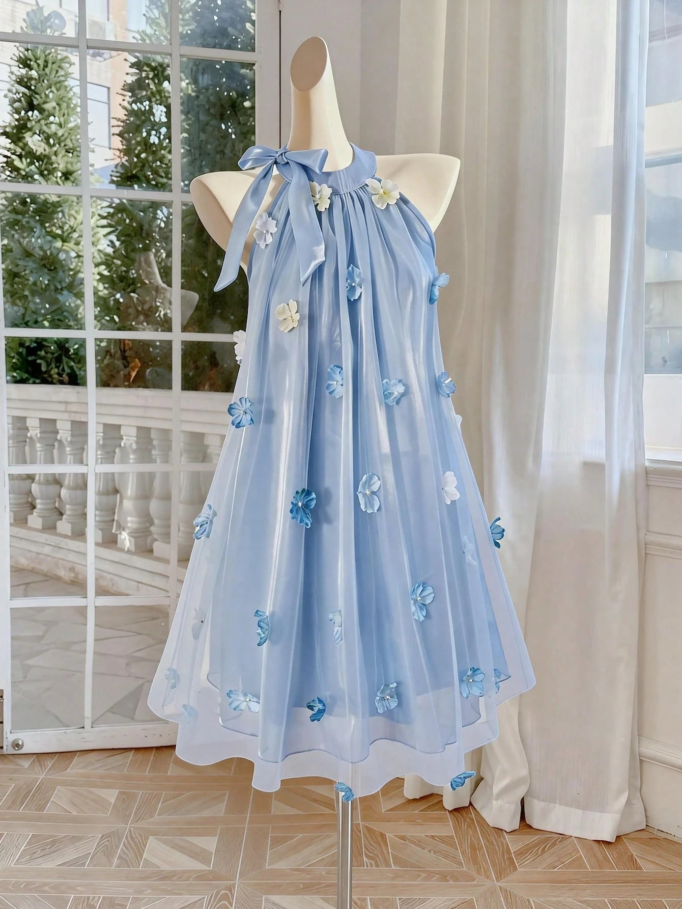 Big Girls 3D Floral Appliqué Halter Neck Tulle Dress - Periwinkle |...