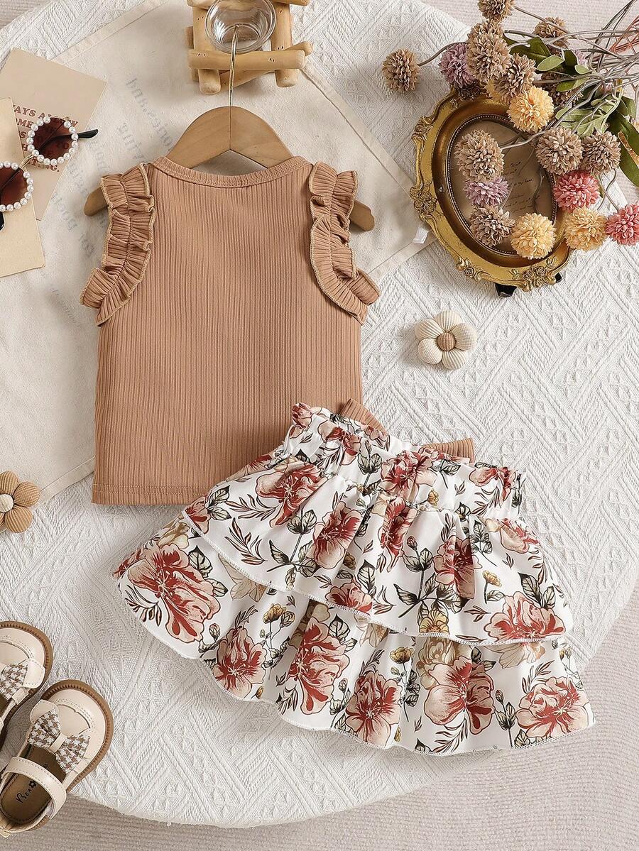2pcs Girls Ribbed Ruffle Top & Floral Layered Skirt Set - Latte