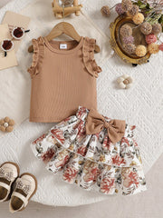 2pcs Girls Ribbed Ruffle Top & Floral Layered Skirt Set - Latte