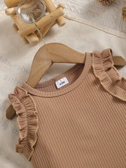 2pcs Girls Ribbed Ruffle Top & Floral Layered Skirt Set - Latte