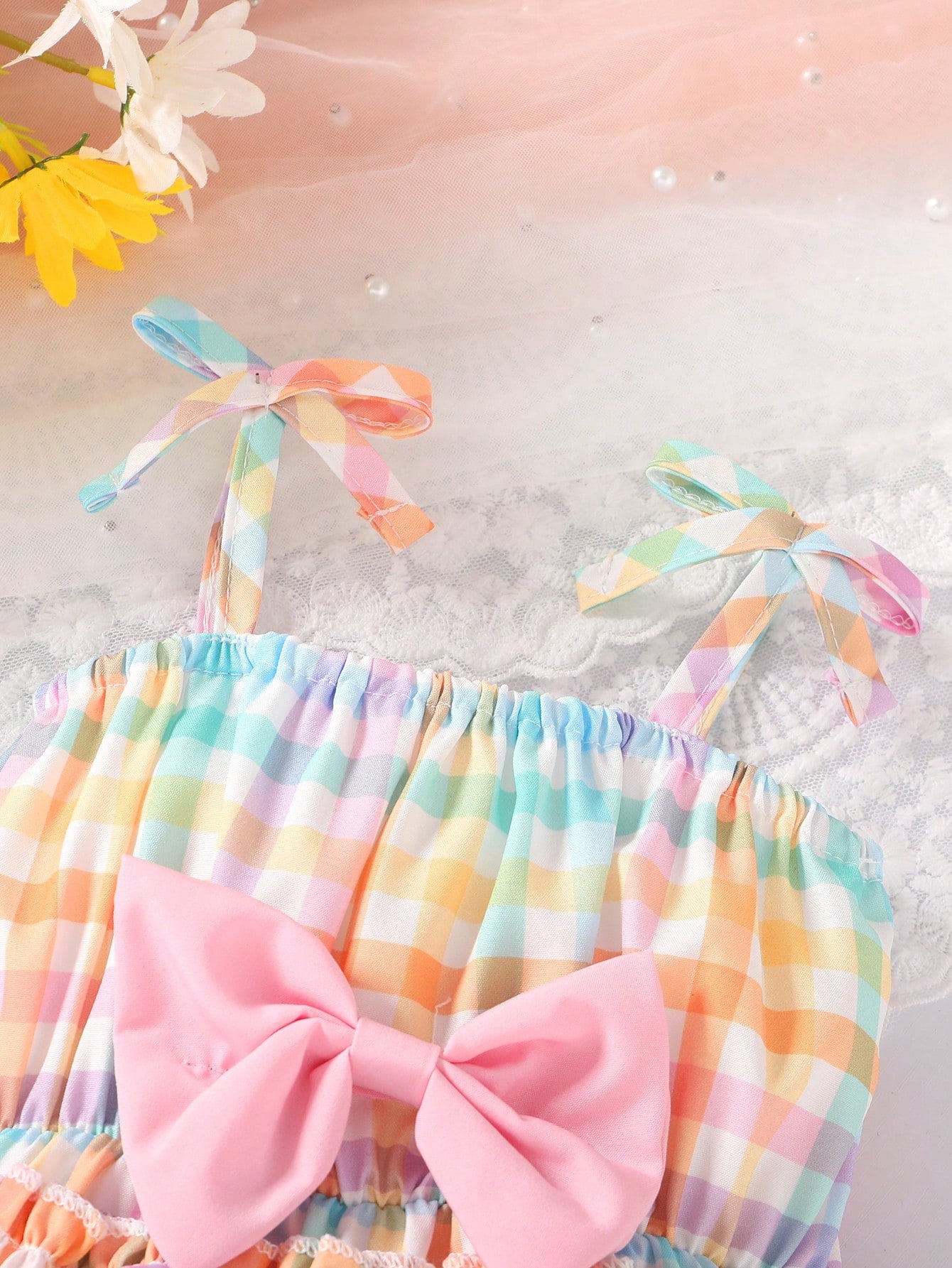 2pcs Baby Girls Plaid Bow Romper & Sun Hat Set - Sorbet | 21 Centur...