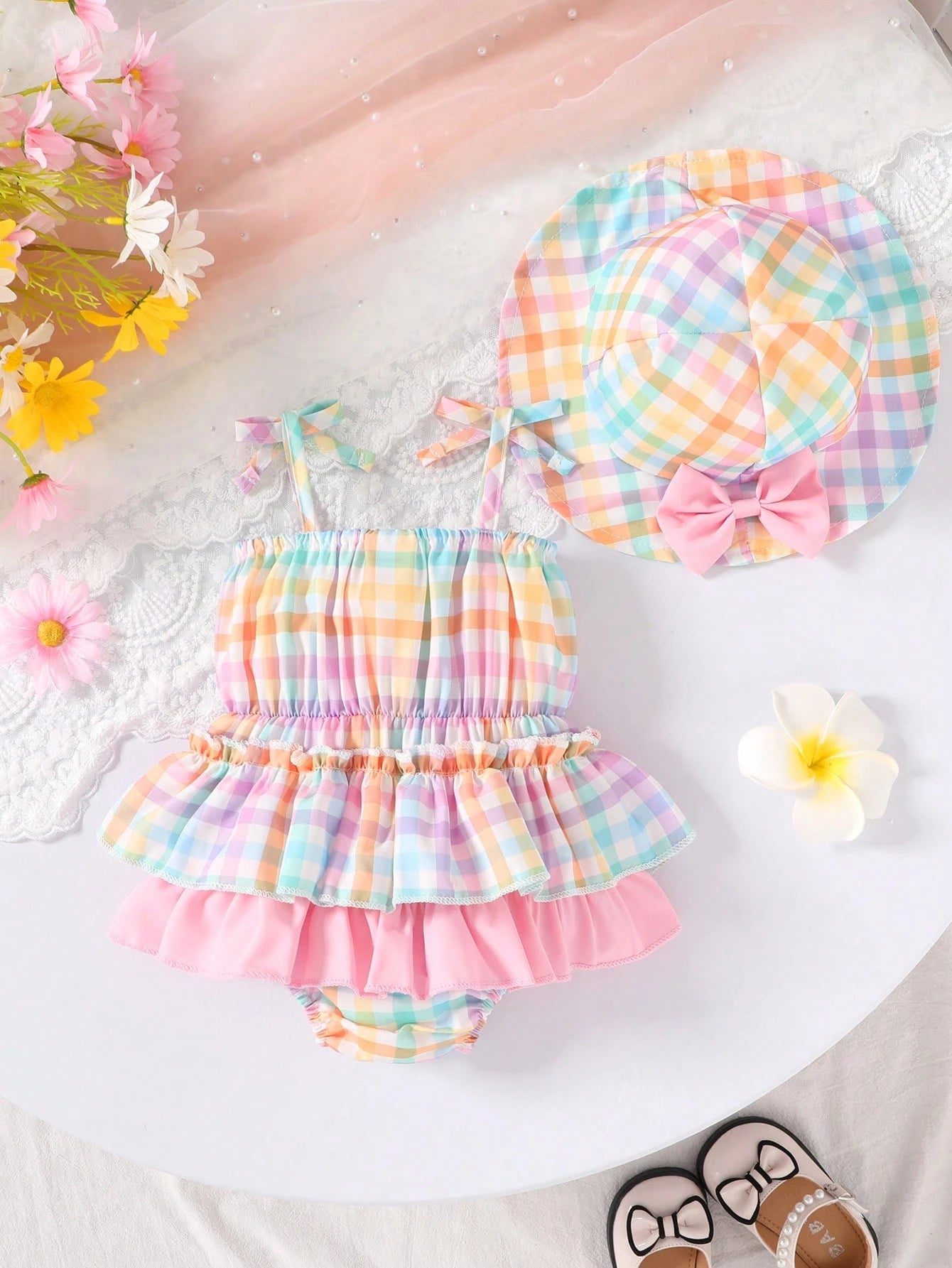 2pcs Baby Girls Plaid Bow Romper & Sun Hat Set - Sorbet | 21 Centur...
