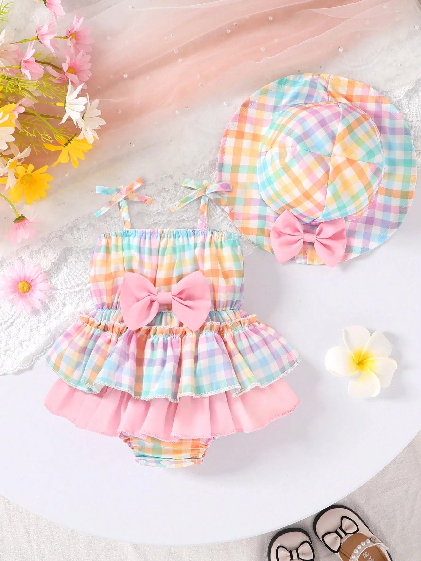2pcs Baby Girls Plaid Bow Romper & Sun Hat Set - Sorbet | 21 Centur...