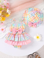 2pcs Baby Girls Plaid Bow Romper & Sun Hat Set - Sorbet | 21 Centur...