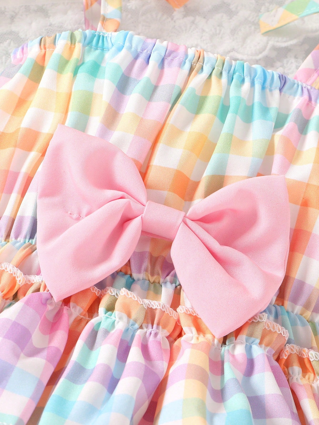 2pcs Baby Girls Plaid Bow Romper & Sun Hat Set - Sorbet | 21 Centur...