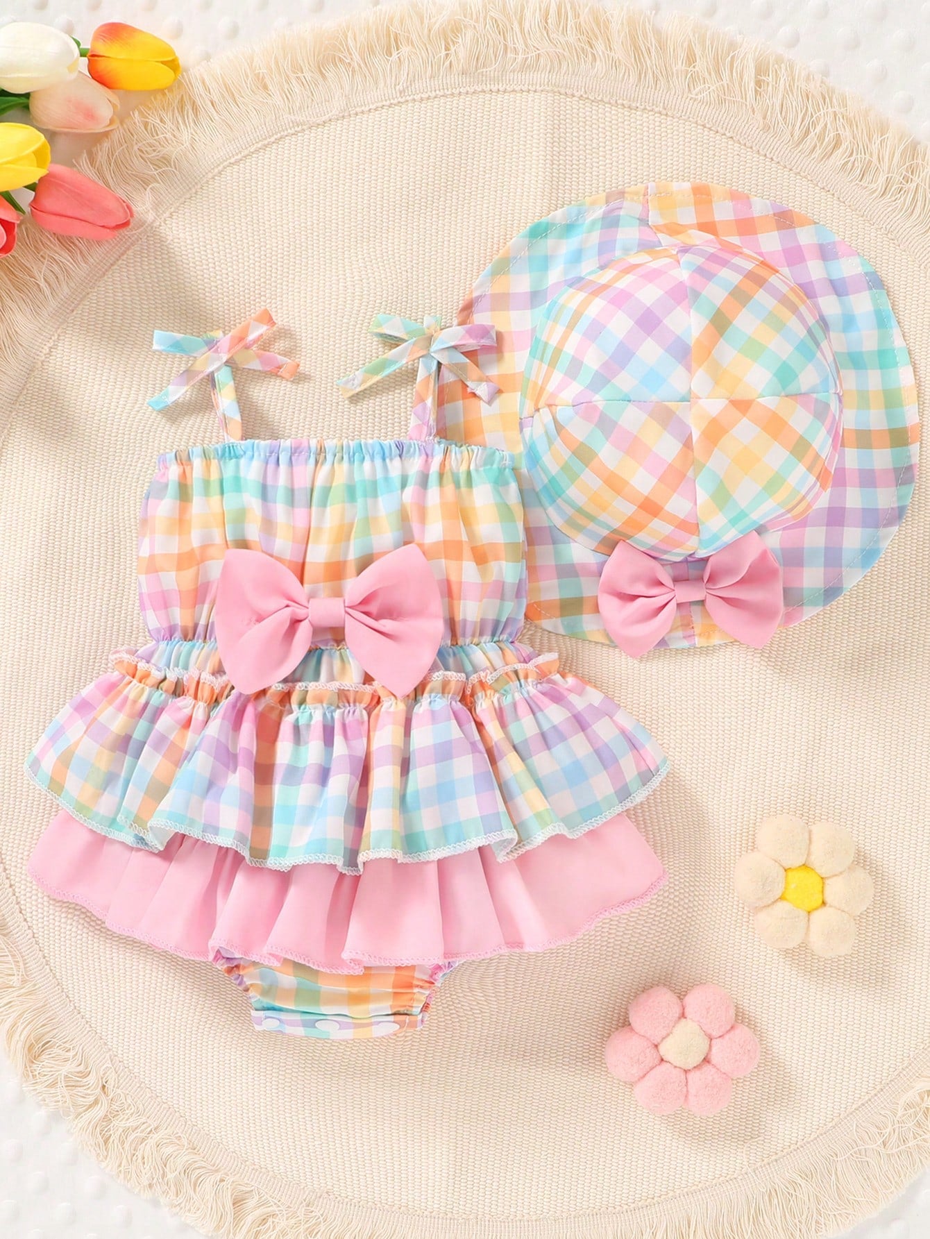 2pcs Baby Girls Plaid Bow Romper & Sun Hat Set - Sorbet | 21 Centur...
