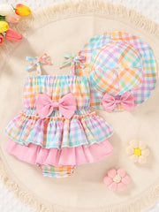 2pcs Baby Girls Plaid Bow Romper & Sun Hat Set - Sorbet | 21 Centur...