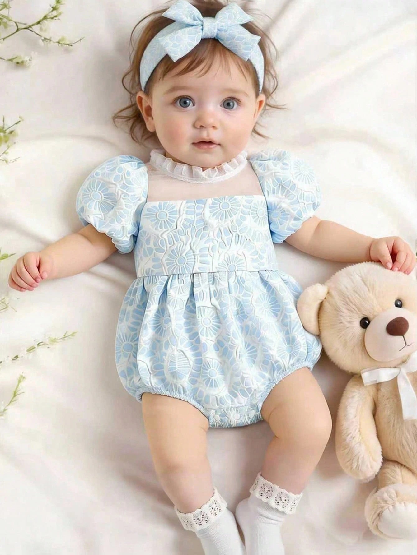 2pcs Girls Floral Jacquard Puff Sleeve Romper & Bow Headband Set - ...
