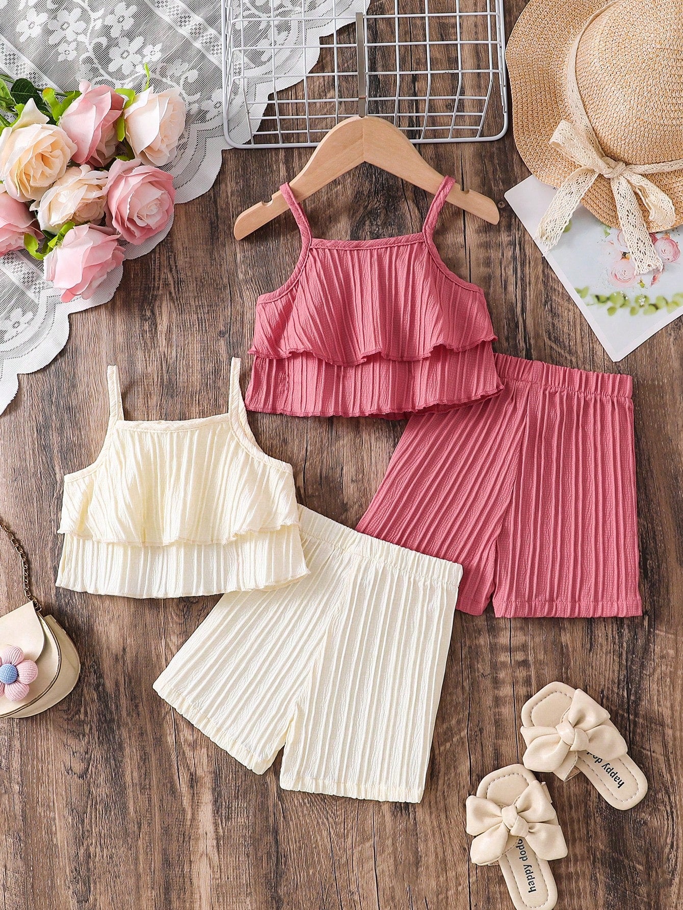 4pcs Girls Ruffle Camisole Top & Shorts Set - Dusty Rose | 21 Centu...