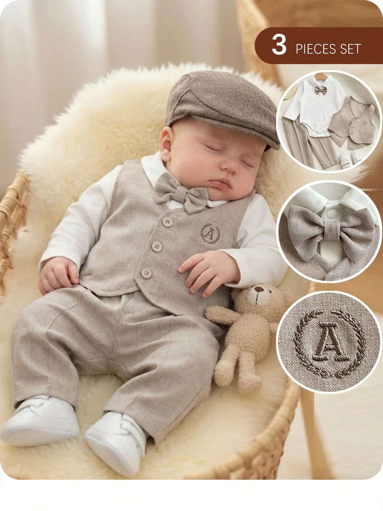 3pcs Baby Boys Monogram Vest, Romper & Trousers Set - Greige | 21 C...