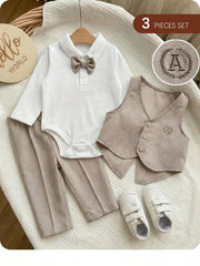 3pcs Baby Boys Monogram Vest, Romper & Trousers Set - Greige | 21 C...