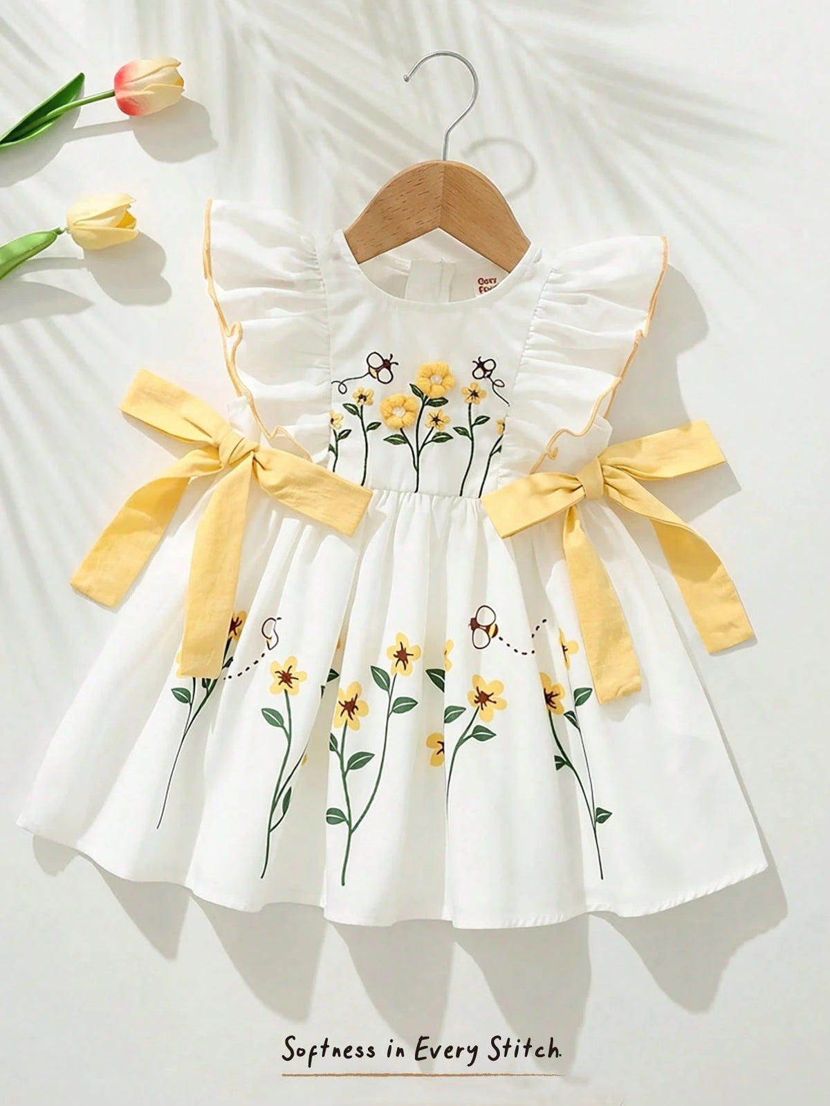 Girls Floral Embroidered Ruffle Sleeve A-Line Dress - Ivory | 21 Ce...