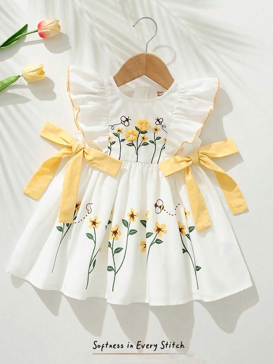 Girls Floral Embroidered Ruffle Sleeve A-Line Dress - Ivory | 21 Ce...