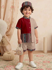 2pcs Little Boys Geometric Colourblock Shirt & Shorts Set - Crimson