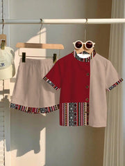 2pcs Little Boys Geometric Colourblock Shirt & Shorts Set - Crimson